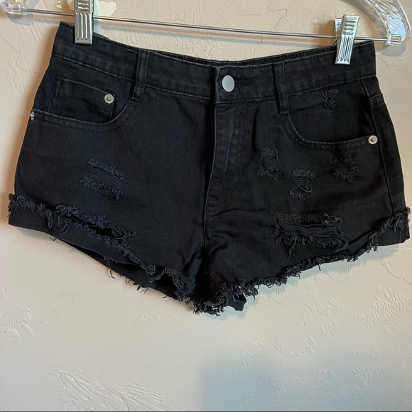 Forever 21 Black Distressed Booty Denim Shorts - Picture 2 of 9